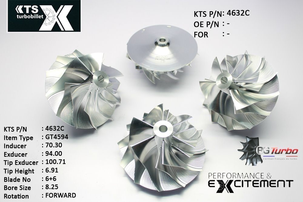 Turbo ROUE FORGÉE MFS PERFORMANCE - 6+6 PALES - INDUCER : 70,3 - EXDUCER : 94 - TYPE : GT4594ANGLE : 60° - ROTATION : Forward - SUPER BACK : 9,51 - BORE SIZE : 8,25
